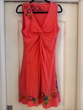 JOHNNY WAS CORAL SLEEVELESS SUNDRESS WITH FLORAL ROSE EMBROIDERED TRIM SIZE M